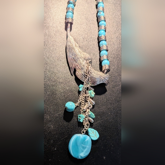 Silver Feather Pendant Necklace with Turquoise Beads - Picture 3 of 4